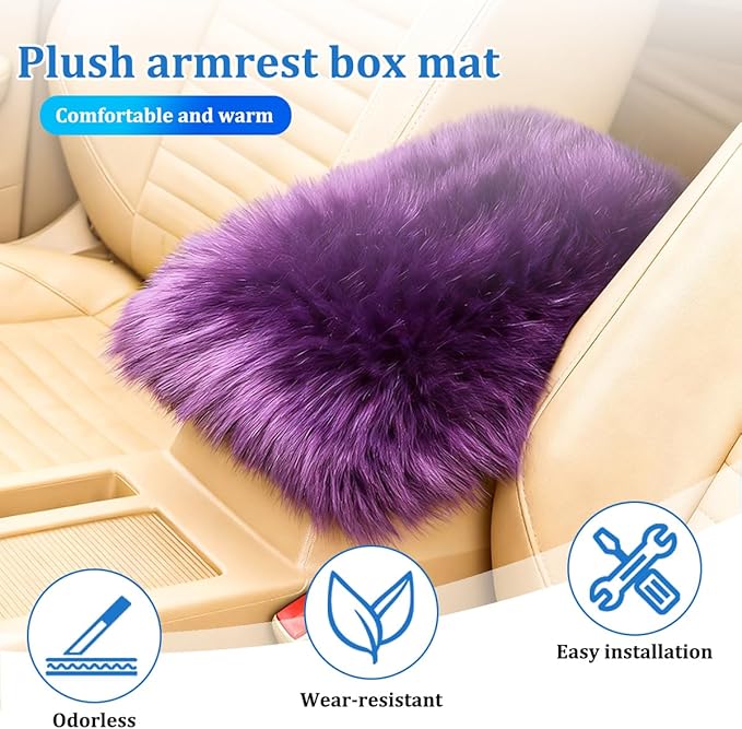 Car Center Console Cover, Fluffy Soft Vehicle Middle Console Arm Rest Cushion Pad, Furry Automotive Interior Armrest Seat Box Protector Decoration Accessories, Universal Fit (Violet)