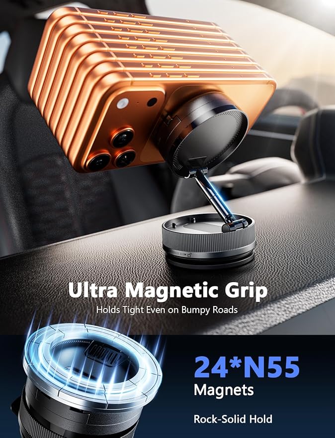 2026 Upgraded 360° Vacuum Magnetic Car Phone Holder for Magsafe [120+LBS Strongest Suction & 3000gf Strongest Magnetic], Adjustable Car Phone Mount for Your Car/Gym/Mirror for iPhone & Android, Pro