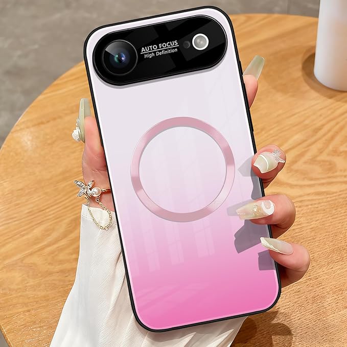 Guppy Compatible with iPhone Air Magnetic Case, with Full Camera Lens Protector [Compatible with MagSafe] Scratch Resistant Gradient Glass Back Cover Phone Case-Pink