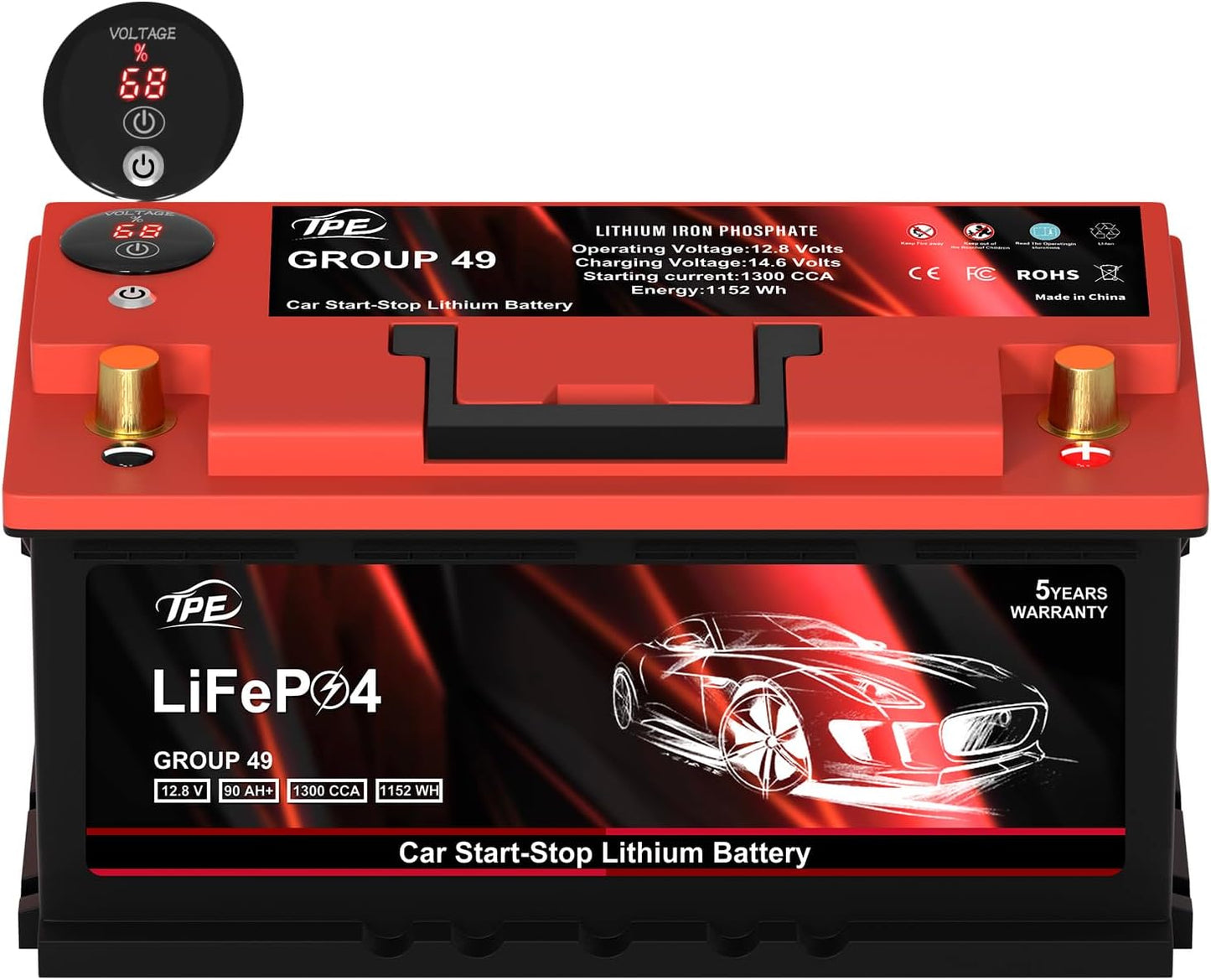 TPE Car Start-Stop Lithium Battery GROUP 49 12V 90AH Car Battery with 1300CCA – High-Performance Automotive Battery with 60 Months Warranty