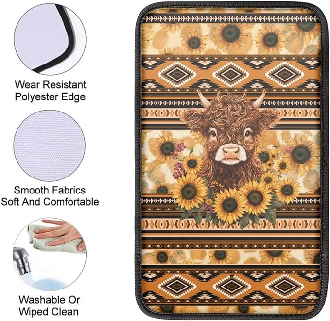 UNICEU Aztec Highland Cow Sunflower Print Car Accessories Soft Comfy Armrest Cover Pad Car Center Console Armrest Protector Covers Universal Fit Trucks SUV Van