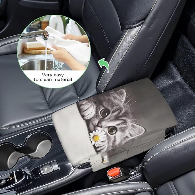 Dreaweet Car Center Console Cover with Pockets Cute Cat Car Accessories for Women Easy to Install Arm Rest Cover for Car Soft Comfy Thick Car Armrest Cushion Storage Box Mat