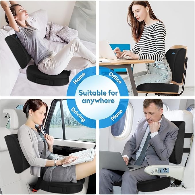 CloudBliss Lumbar Support Pillow & Seat Cushion Set for Office Chair, Desk Chair, Wheelchair & Car–Memory Foam Back Support,Ergonomic Chair Cushions,Sciatica Pain Relief,Home Essentials(Black,XL)