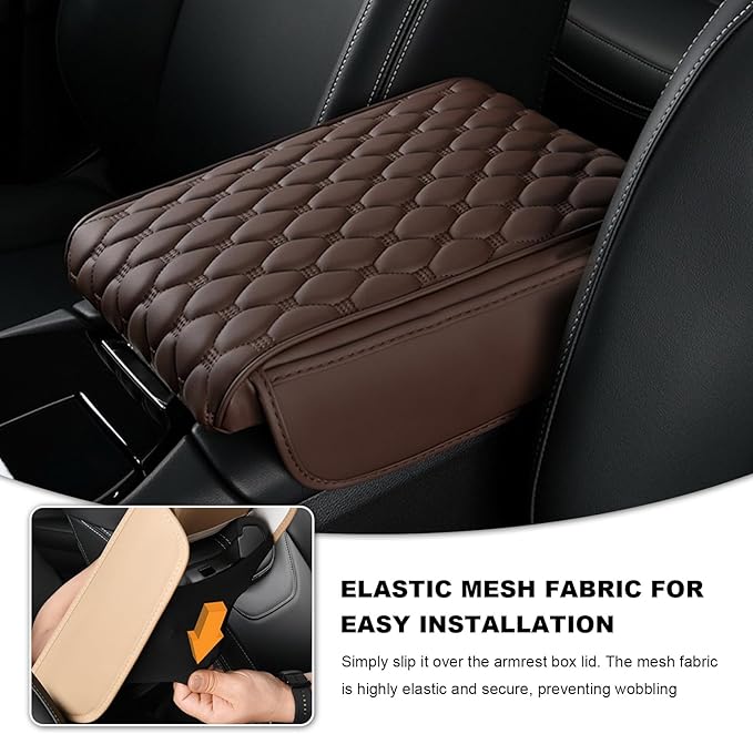 Car Armrest Cushion, Memory Foam Auto Arm Rest Box Protector with 2 Storage Bags, Waterproof Leather Center Console Cover Universal for Most Vehicles, Car Accessories (Coffee)