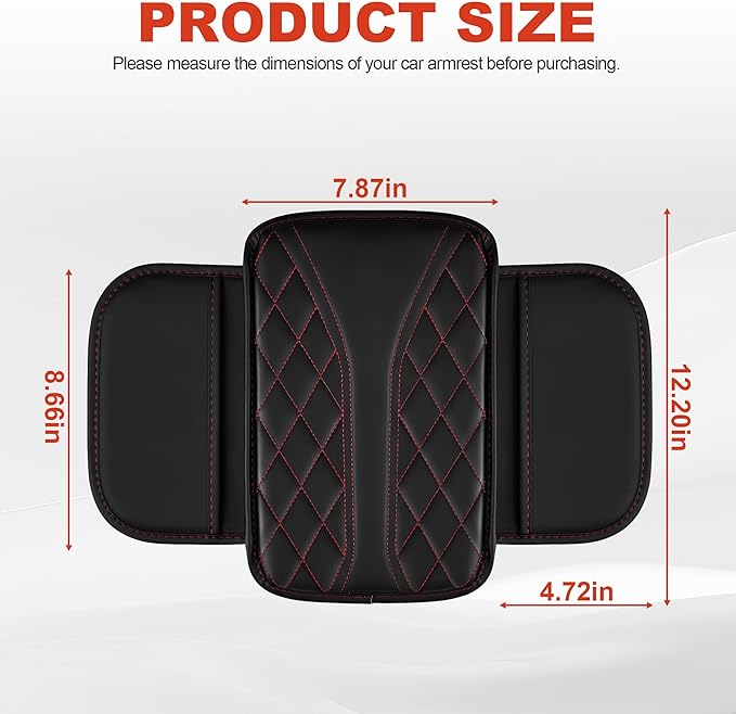 Center Console Cover Fit for Kia Sportage 2005-2025 with 2 Storage Bags Waterproof Leather Quilted Pattern Car Armrest Cover Cushion Anti - Slip(002#Black&Red Line)