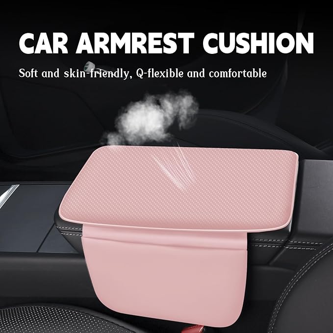 Car Armrest Cover Pad - Nappa Leather Car Center Console Cover with Breathable Holes, Non-Slip Auto Arm Rest Cushion, Universal Car Interior Accessories Fit forTesla Model Y (Pink)