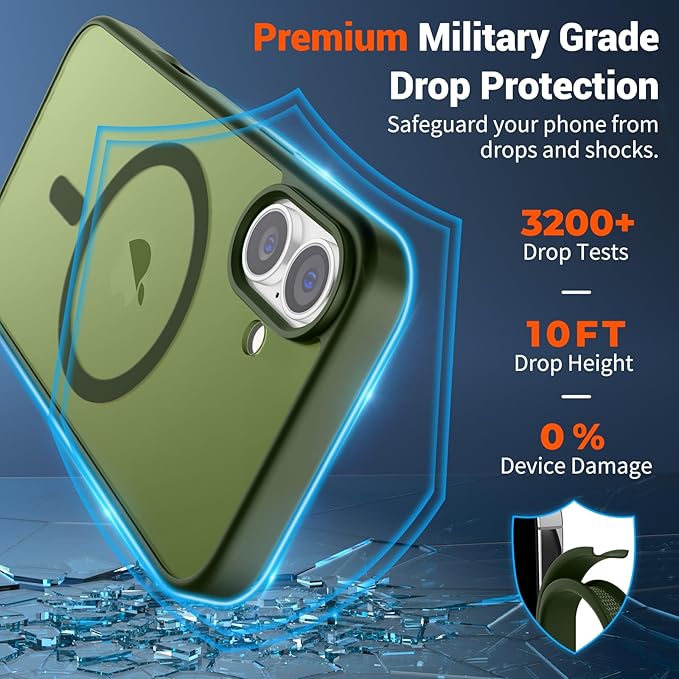 SUPFINE Magnetic for iPhone 16 Case (Compatible with MagSafe) (Military Grade Drop Protection) Slim Translucent Matte Shockproof with Anti-Fingerprint Phone Case,Cangling Green