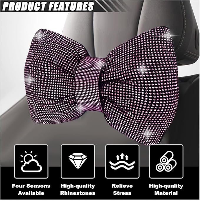 1 PCS Rhinestone Car Headrest Neck Pillow, Auto Headrest Cushion for Driving Seat, Bling Crystal Diamond Bow Neck Support Relax Pillow, Car Interior Accessories for Women Girly (Purple)