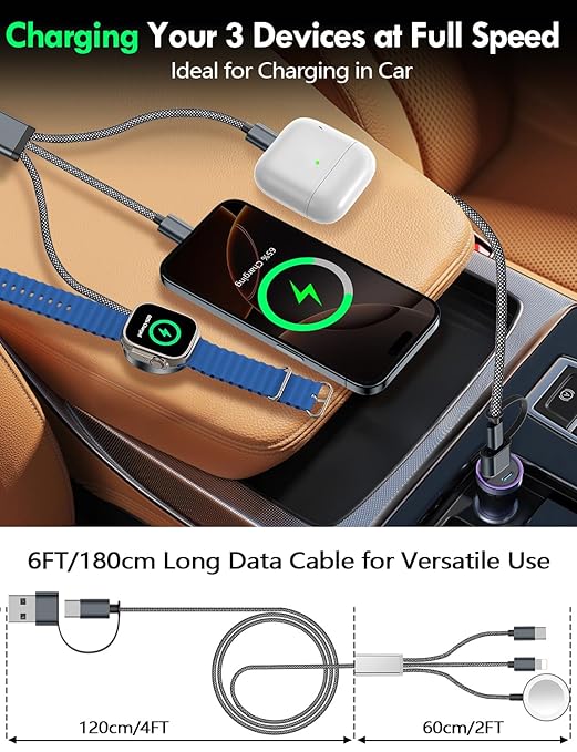 1Pack Multi Charging Cable Cord for Travel Essentials,Apple Watch Charger,iPhone Charger,[3-in-2] Type C/LCable Portable Designed for iWatch,iPhone 17-8,Galaxy S25-21,AirPods,iPad-1.8M Black
