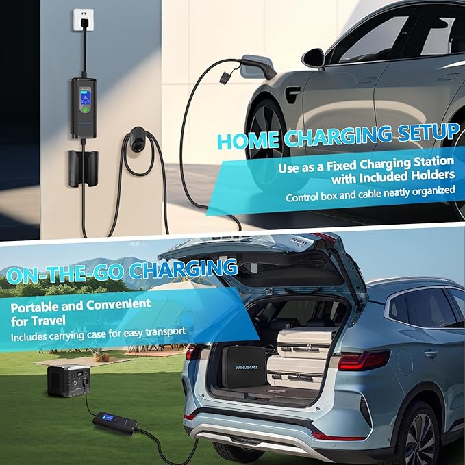 Level 1 and 2 EV Charger, Portable 40A Electric Car Charger with Adapter for Tesla, 110V-240V NEMA 14-50 & 5-15 Plug, 9.6kW EVSE with 25ft Cable