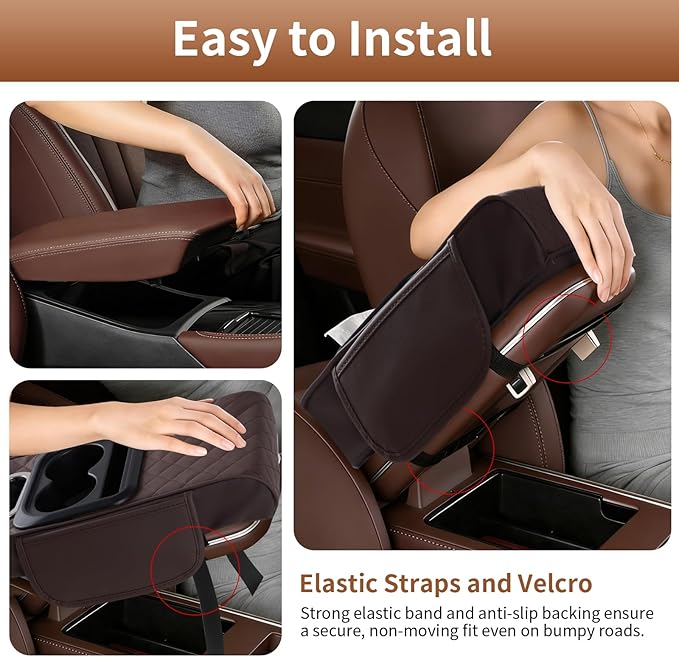 5-in-1 Car Armrest Cushion with Storage, Memory Foam Center Console Organizer W/Cup Holders, Tissue Holder & Phone Slot, Leather Car Armrest Cover Pad, Universal for Cars SUVs Trucks, Brown