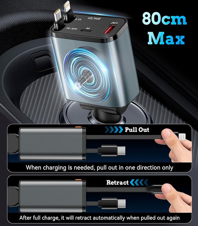 50W PD Car Charger with Bluetooth FM, Retractable Type-C & Lightning Cables, Hands-Free Calling Kit, USB MP3 Player & Voltage Display for 12V/24V Cars, Trucks