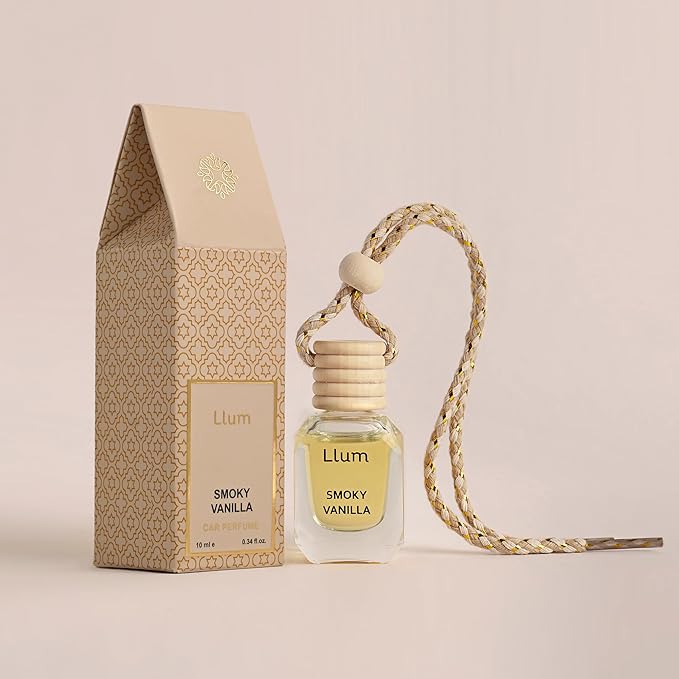 Llum Smoky Vanilla Hanging Car Air Freshener – Luxury Automotive Perfume Diffuser 10ml (0.34 fl oz), Long-Lasting Fragrance, Alcohol-Free Non-Toxic Scent, Glass Bottle With Wood Cap & AC Vent Clip