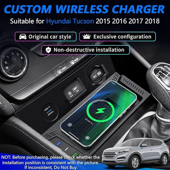 Wireless Car Charger for Hyundai Tucson 2015 2016 2017 2018, Wireless Fast Phone Charging Pad with 18W QC3.0 USB, Fit for Hyundai Tucson SE/Eco/Sport/Limited Interior Accessories Upgrades