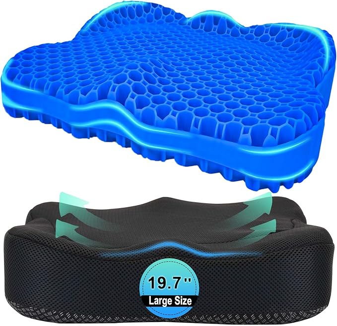 Thicken 19.7in Seat Cushion, Gel Seat Cushion for Long Sitting–Office Chair, Wheelchair, Car Cushion, Large Cooling Pad for Back Pain, Sciatica, Tailbone Pain Relief