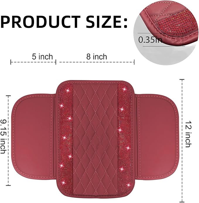 NBTEPEM Bling Burgundy Red Car Center Console Cover, Leather Car Arm Rest Cover with 2 Storage Bags, Universal Auto Armrest Protector Storage Box, Bling Accessories Interior for Most Vehicles