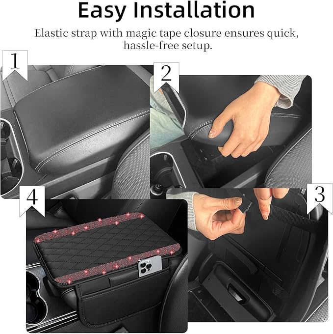 NBTEPEM Bling Car Center Console Cover, Leather Car Arm Rest Cover Cushion with 2 Storage Bags, Universal Automotive Armrest Protector Storage Box, Bling Accessories Interior for Most Vehicles (Red)
