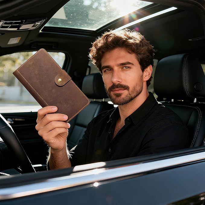 CoBak Genuine Leather Car Registration and Insurance Holder–Luxury Vehicle Glove Box Organizer, Premium Auto Document Case with Magnetic Closure for License, Cards & Papers，Brown