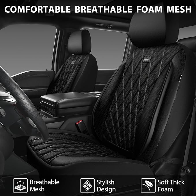 CAR PASS Thick Foam 3D Mesh Leather Car Seat Covers Full Set, Luxury Breathable Premuim Faux Leather Automotive Seat Covers, Airbag Compatible Universal Fit for Most Sedan Van Truck SUV, Pure Black