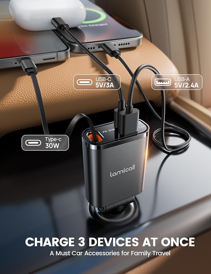 Lamicall Car Charger USB C Compatible with iPhone 17 16 15 Fast Charging [Ultra-Compact, 60% Less Space] 57w Type C Retractable Car Charger Fit Samsung Galaxy S25 S24 Ultra Pixel Android - Black