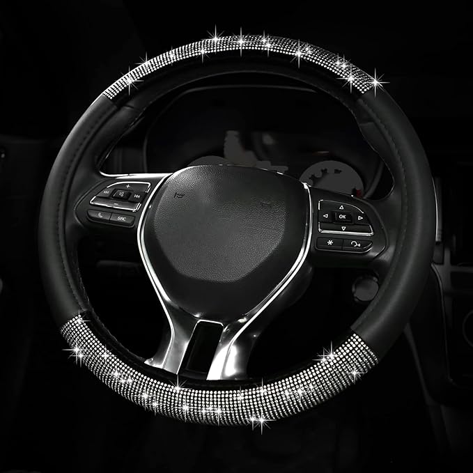 Diamond Steering Wheel Cover, Crystal Rhinestone Steering Cover, 15 Inch Steering Wheel Protector for Women or Men, Easy Installation and Cleaning (Silver Diamond)
