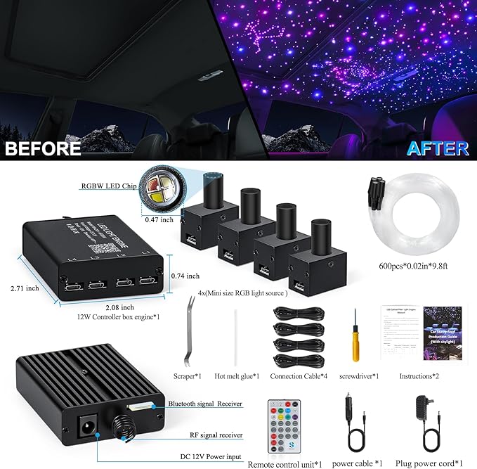 Split 4 Colors 12W Car Starlight Headliner Slim Kit 600pcs*0.02in*9.8ft with APP&RF Remote,RGBW Fiber Optic Starlight Kit,4 Port Engine Sound Activated Star Lights for Ceiling Car Roof/Home Decor