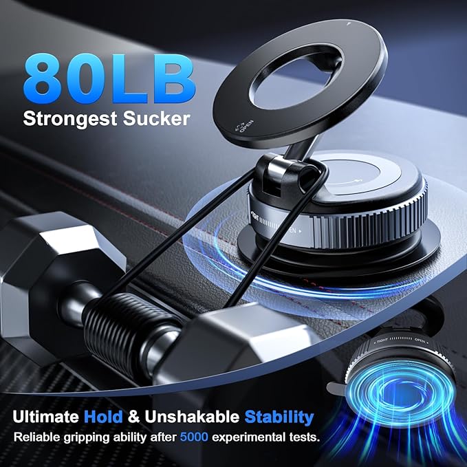 CloudValley Magnetic Car Phone Mount, [Compatible with MagSafe] 360° Adjustable Foldable Holder for Dashboard, 80LBS Suction & 2800gf Magnet, Car Accessories for iPhone 17/16 Pro Max 15 14, Black
