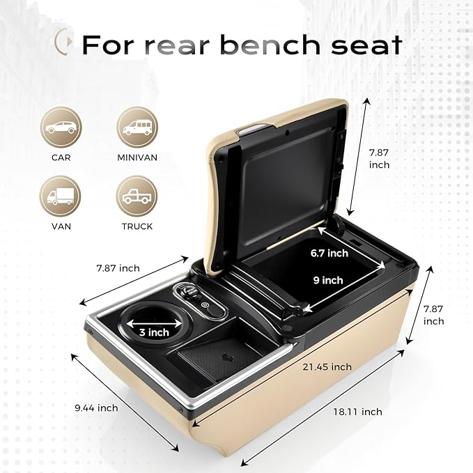 Coverado Universal Car Center Console with Wireless Charging & Cup Holder, Back Seat Organizers, Rear Bench Seat Central Armrest Box with Storage, for Most Vehicles, Easy Install, Beige