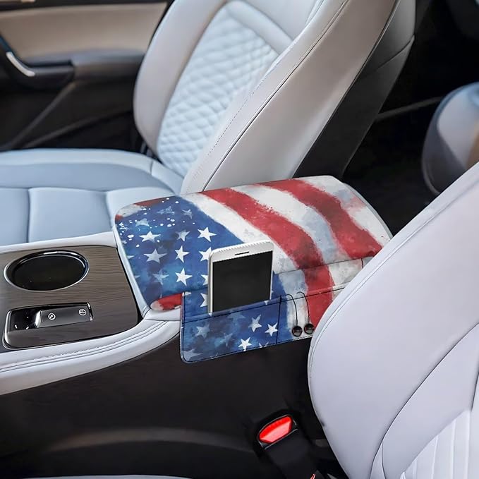 Armrest Cover for Car Truck, Soft Vehicle Center Armrest Protector American Flag Center Console Replacement Cover for SUVs,Vans,Trucks