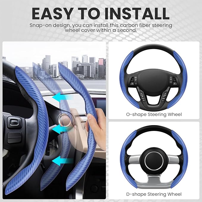 GSPSCN Universal Car Carbon Fiber Steering Wheel Cover Anti-Skid,Butterfly Steering Wheel Cover,Non-Slip Segmented Steering Wheel Protector,Fit for 99% Cars,Car Interior Accessories (Blue)