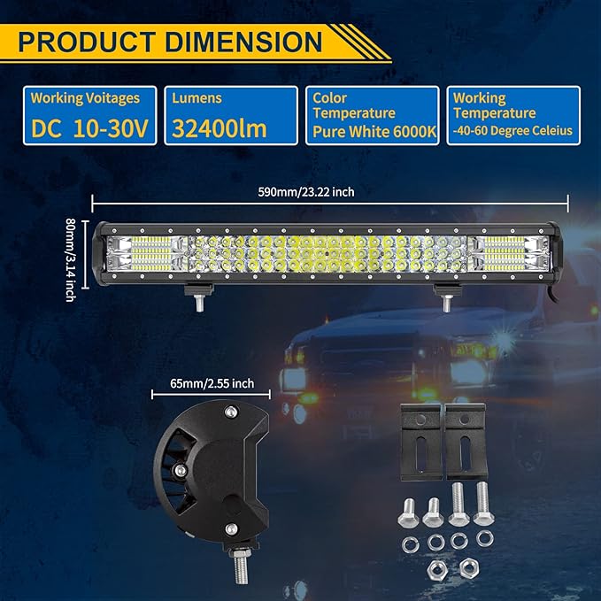 AUXTINGS 22 inch 324W LED Light Bar Triple Row Spot Flood Combo Beam Off Road Lights Waterproof Work Light with Wiring Harness for Jeep Trucks SUV ATV UTV Boat Lights, 12V 24V