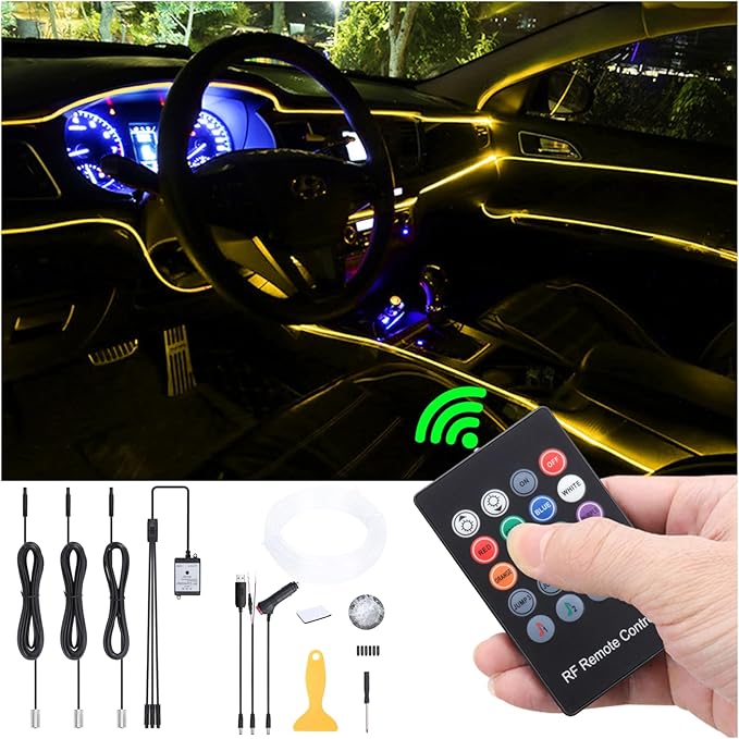 4 Meters Optic Fiber Car Ambient Lighting with RF Remote Control 8 Colors Multicoloured Music Interior Lighting Kit DC 12V 1W