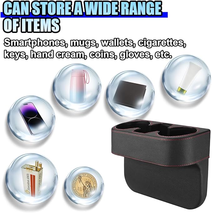 ZIMISI Car Cup Holder, PU Leather Auto Front Console Gap Filler Organizer, Multifunctional Cup Drink Holder, Car Seat Gap Filler Storage Box, Coin Bucket, Cell Mobile Phone Holder (Black)