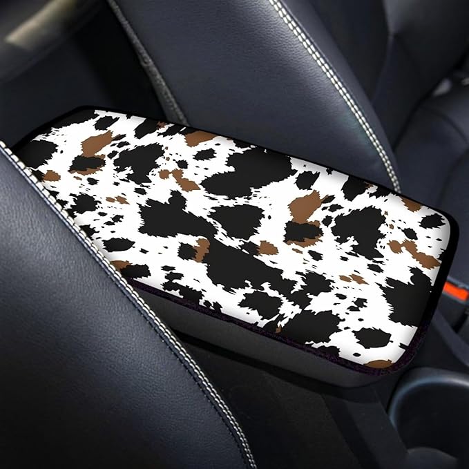 Automotive Center Console Armrest Cover, Cow Print Universal Armrest Box Protector with Elastic Bands,Car Interior Decor,Easy to Install