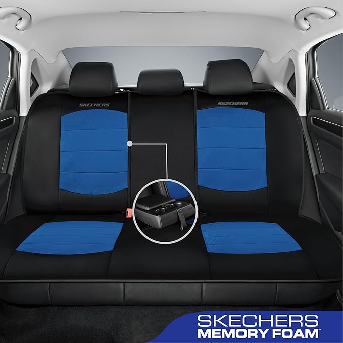 Skechers Memory FoamCar Seat Covers,Thick Cool Touch Fabric Seat Covers,Seat Cover Full Sets Airbag Compatible,Automotive Comfort Protection for Most Cars,Vans,Trucks,SUV,Blue