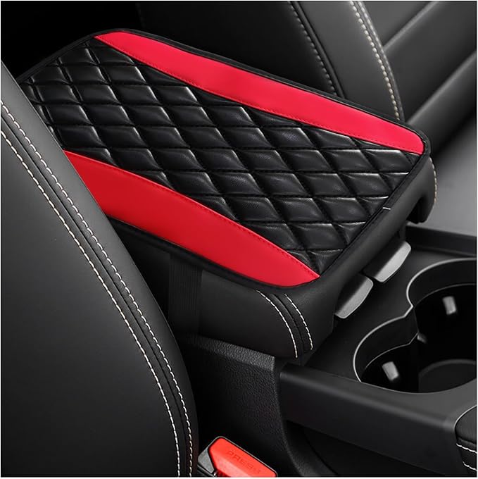 Car Center Console Cushion Pad, Universal Leather Waterproof Armrest Seat Box Cover, Comfortable Auto Armrest Cover Protector, Car Interior Decor Accessories for Most Vehicles (Black & Red)