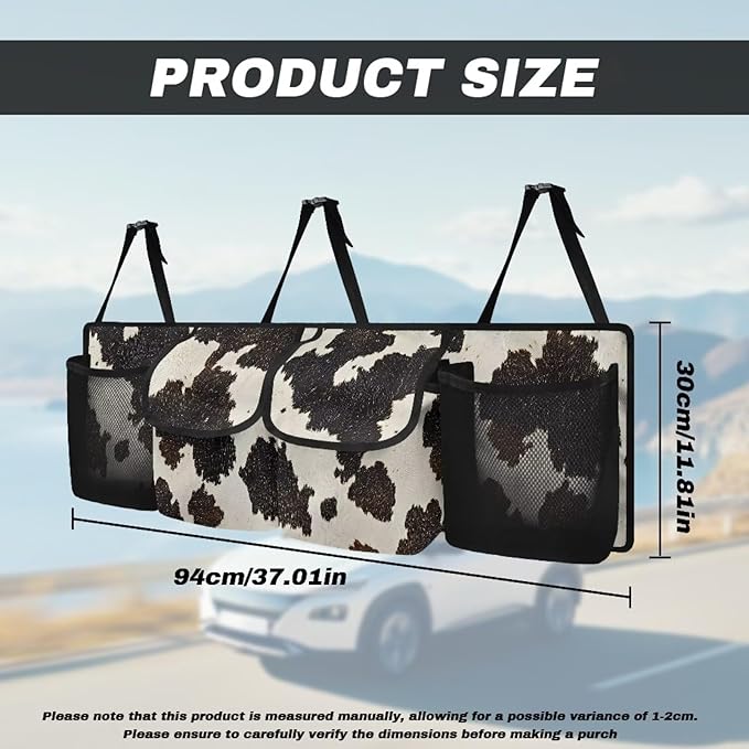Black Cow Spots Backseat Trunk Organizer for Car Large Capacity Multipurpose Cargo Bag,Sturdy Space Saving Expert