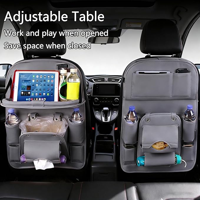 Car Seat Organizer, Multifunctional Backseat Protector Mat, Storage Bag and Tray Rack, Trash Storage (Suitable for Cars, Children, Back of Seats, and Rear Seats) (Gray, Leather 1-Piece Set)