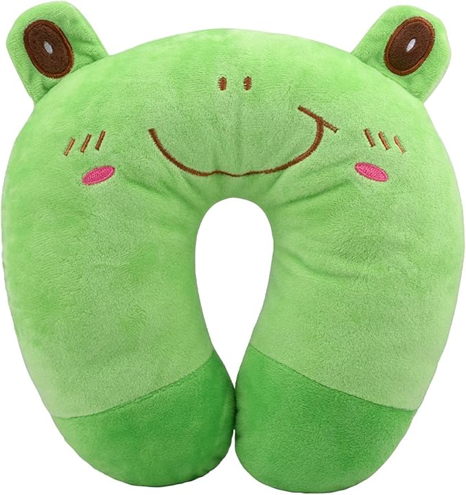 Travel Pillow for Kids, Cute Animal Neck Pillow Support U Shaped Cushion Plush Soft Rest Reading Pillows Sleeping Pillows for Airplane Train Car (Color:Frog)
