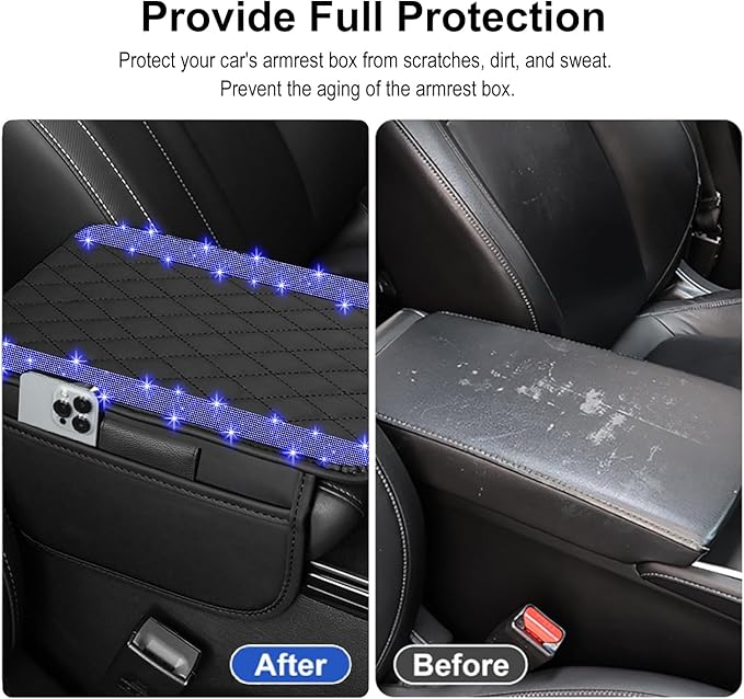 NBTEPEM Bling Car Center Console Cover, Leather Car Arm Rest Cover Cushion with 2 Storage Bags, Universal Automotive Armrest Protector Storage Box, Bling Accessories Interior for Most Vehicles (Blue)