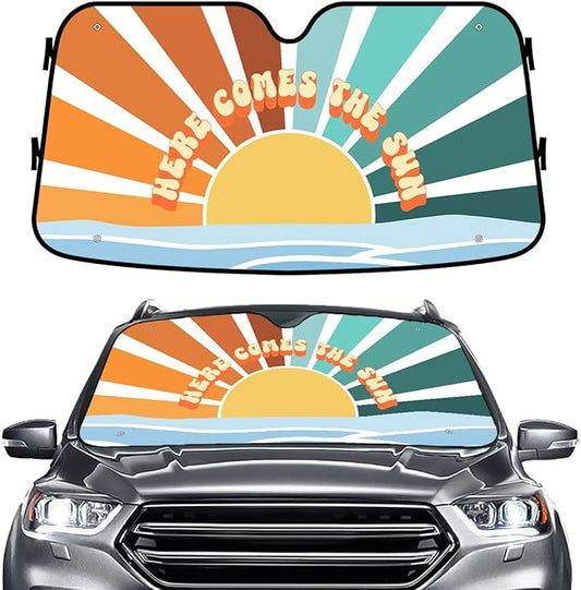 GENANY Hippie Here Comes The Sun Windshield Sun Shade for Car SUV Truck (55x30 Inches), Sun Shade Windshield for Windows, Protector Blocks UV, Car Decor
