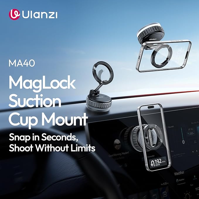ULANZI MA40 Car Phone Holder for Magsafe, Strongest Suction & Magnetic, 360° Adjustable Car Phone Mount, Phone Holder Stand for Car/Gym/Mirror/Kitchen for iPhone 17 Pro Max 16 15 14 13 12, Black