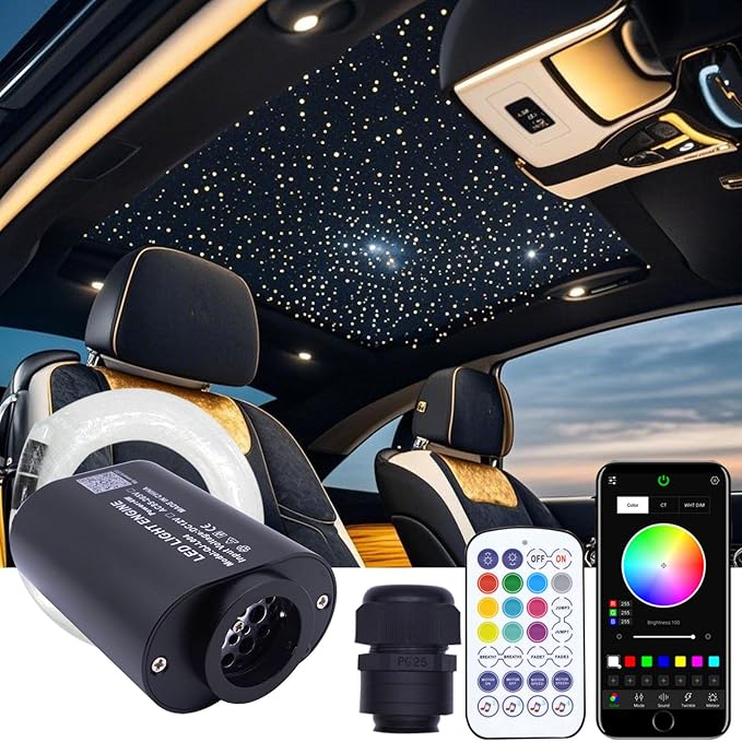 Twinkle Starlight Headliner Kit Sound Activated Star Ceiling Lights Fiber Optic Lights Mini White with Bluetooth APP & Remote Control 300 Pieces 6.5ft/2m Fiber Optical Cable