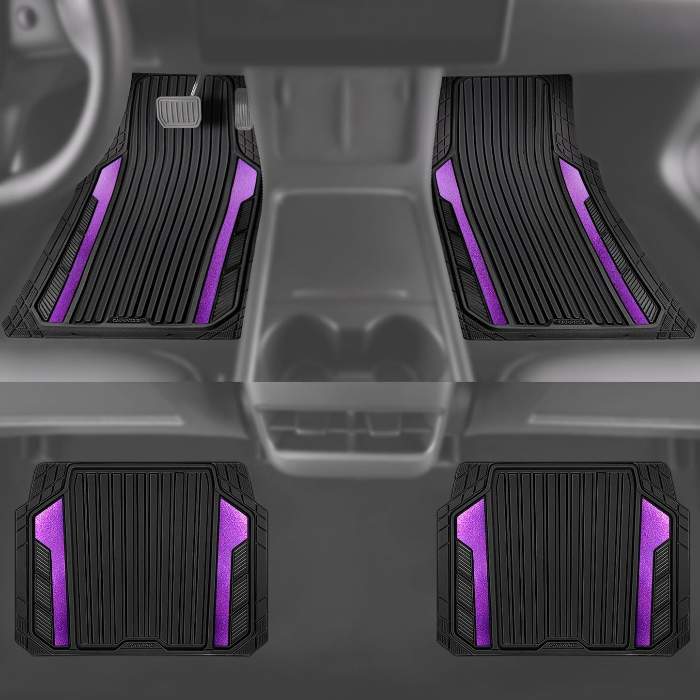 CAR PASS Heavy Duty Rubber Car Mats Metallic,Aluminum Film All Weather Floor Mats Waterproof Universal Trim to Fit SUVs Sedans Vans 4 Piece Anodized Deep Dish Two-Tone Sporty Black Purple Chrome