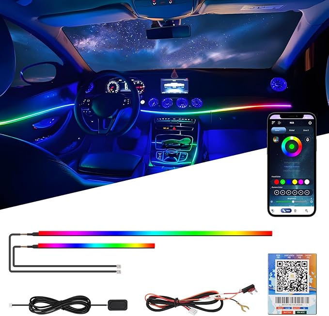 Upgraded Dreamcolor Acrylic Car Interior Lights RGB LED Strip Lights APP Control Zoned Control System 252 Color Modes DIY Fiber Optic Ambient Lighting Kits 2 in 1 Music Car Neon Lights