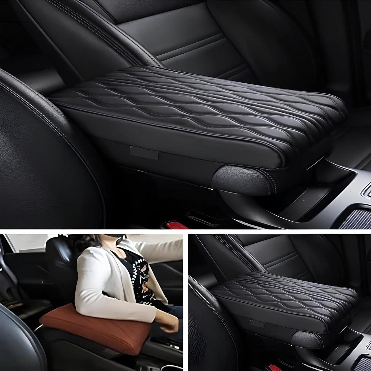 Leather Car Armrest Box Mat - 2023 New Waterproof Car Center Console Cover Mat, Universal Armrest Mat, Leather Car Armrest Cover for SUV/Truck/Vehicle (A-Black)