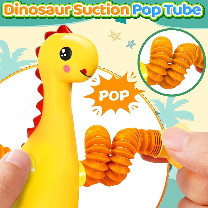 4Pcs Dinosaur Airplane Travel Car Ride Toys for Toddlers Kids Boys Girls Sensory Suction Cup Tube ADHD Autism Road Trip Car Activities Essential Stocking Easter Basket Stuffer Valentines Gift