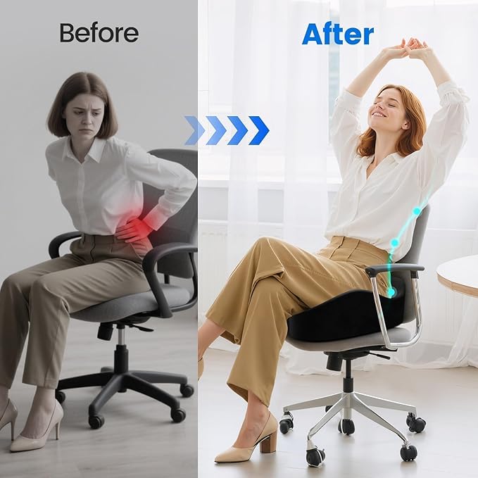 Seat Cushion, Memory Foam Chair Cushions for Tailbone/Sciatica Easing, Chair Pillow with Handles for Car, Office Chair Cushion with Non-Slip Design, Ideal for Post-Surgery Recovery(Black)