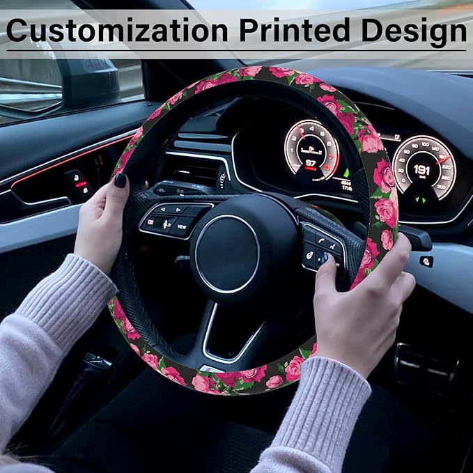 Red Rose Steering Wheel Cover, Cute Print Steering Wheel Cover Protector, Ultra-Thin with Personalized Pattern Design, Car Accessories for Women, for Steering Wheel with a Diameter of 14.5"-15"