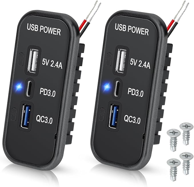 Linkstyle 3 Ports 12V USB Outlet, 18W PD3.0 Port, 18W QC3.0 & 2.4A USB A Charger Fast Charging Socket Panel for Car Marine (2PCS)
